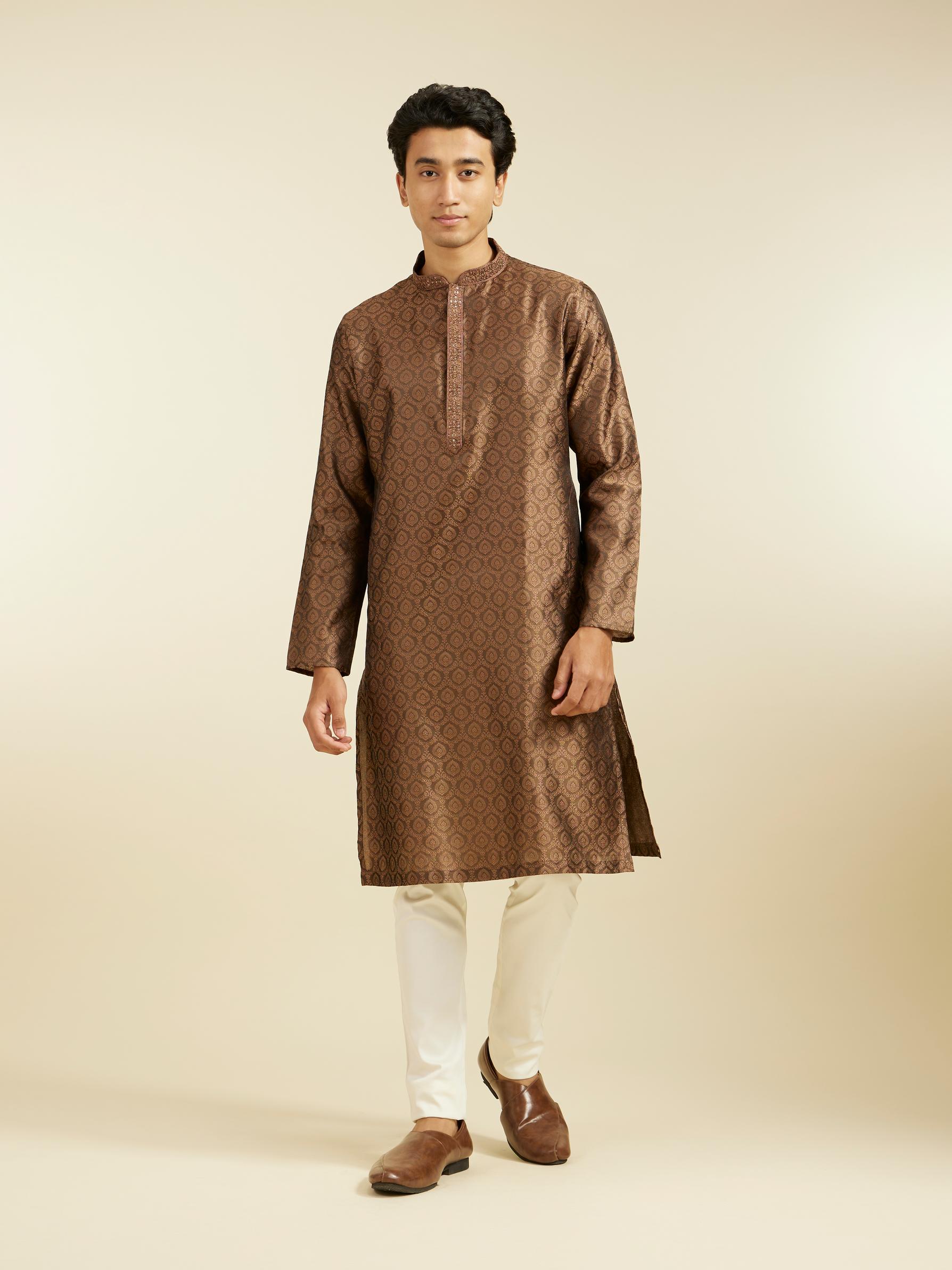 Diwas Men Mocha Brown Jaal Patterned Kurta with Jhallar Motifs