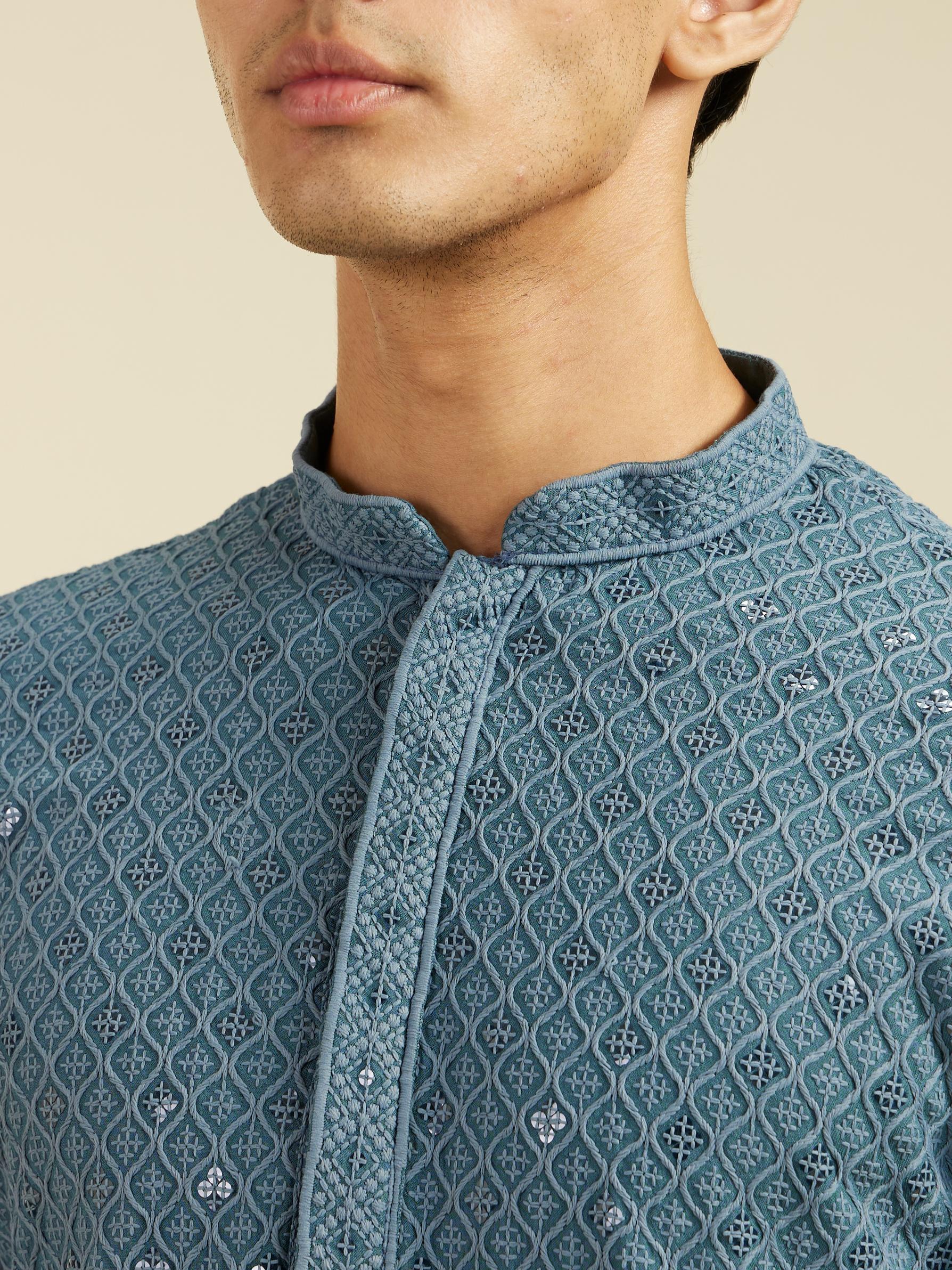 Diwas Men Oxford Blue Chikankari Kurta With Sequins