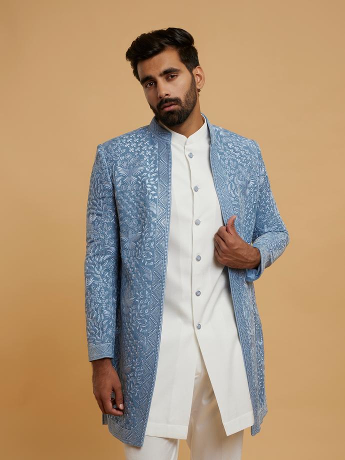 Twamev Men Elegant Light Blue Velvet Indo Western