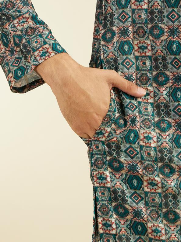 Diwas Men Bottle Green Aztec Printed Kurta