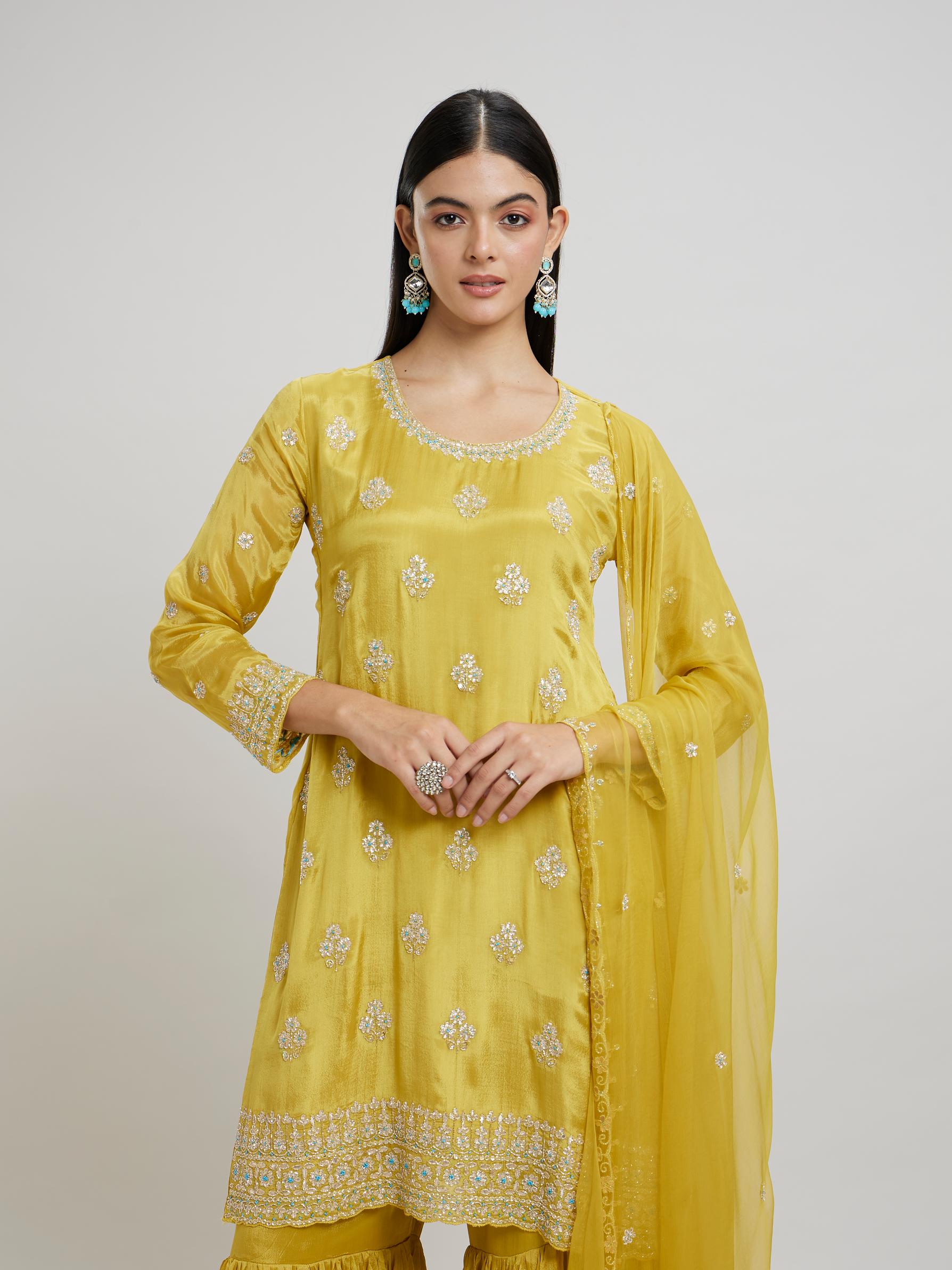 Twamev Women Radiant Yellow Chinon Stitched Suit