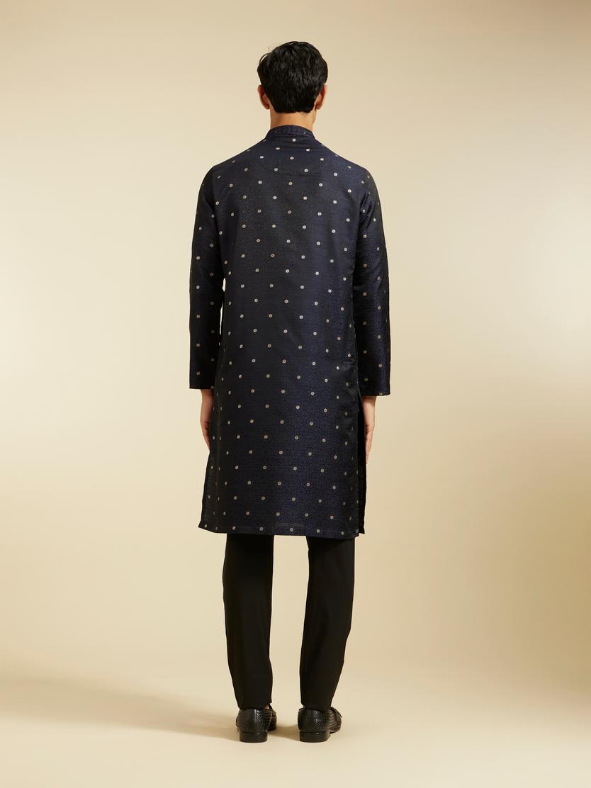 Diwas Men Indigo Blue Grid Patterned Kurta with Floral Embroidery