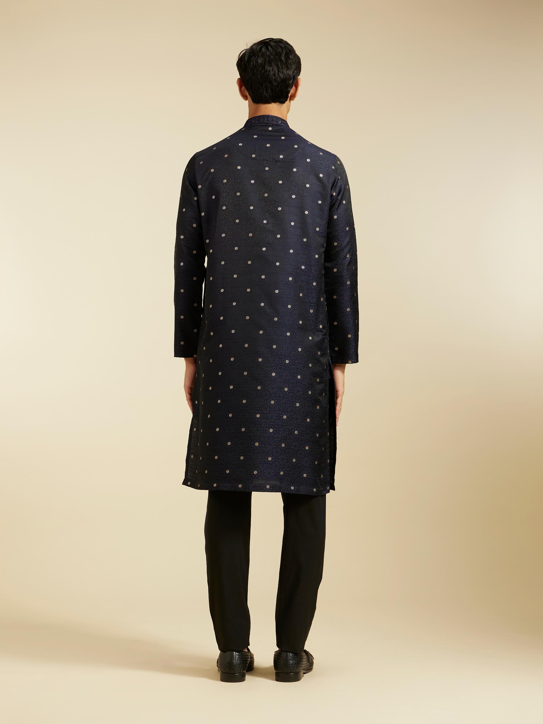 Diwas Men Indigo Blue Grid Patterned Kurta with Floral Embroidery
