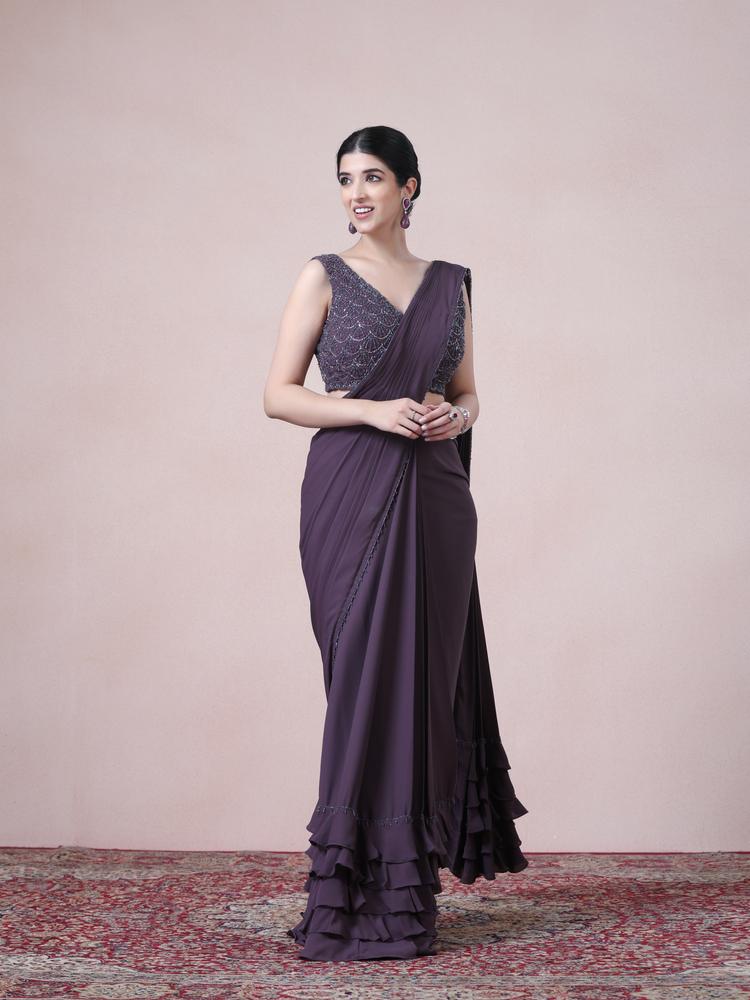 Twamev Women Royal Purple Georgette Saree