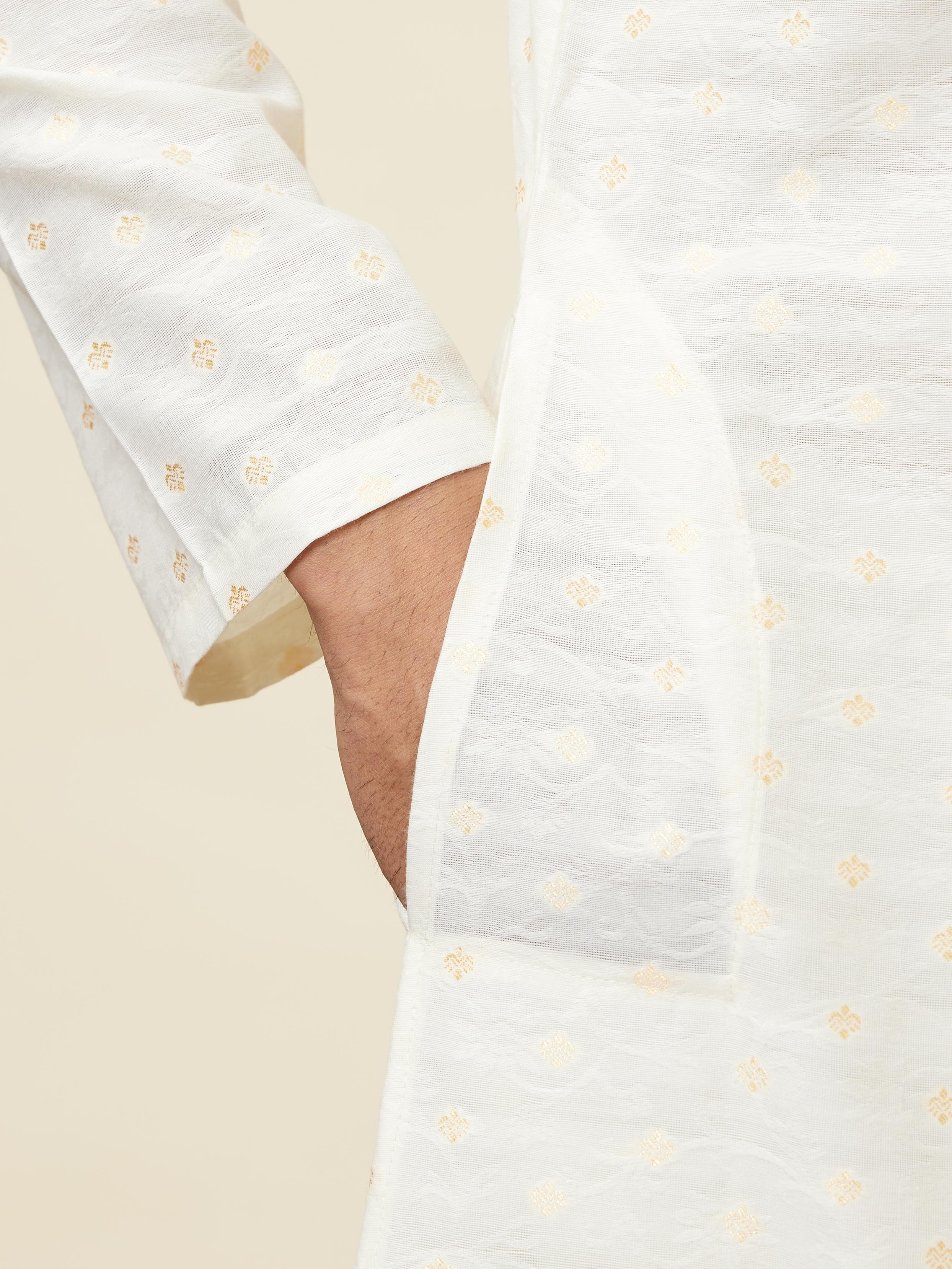 Twamev Men Cannoli Cream Jacquard Patterned Kurta Set