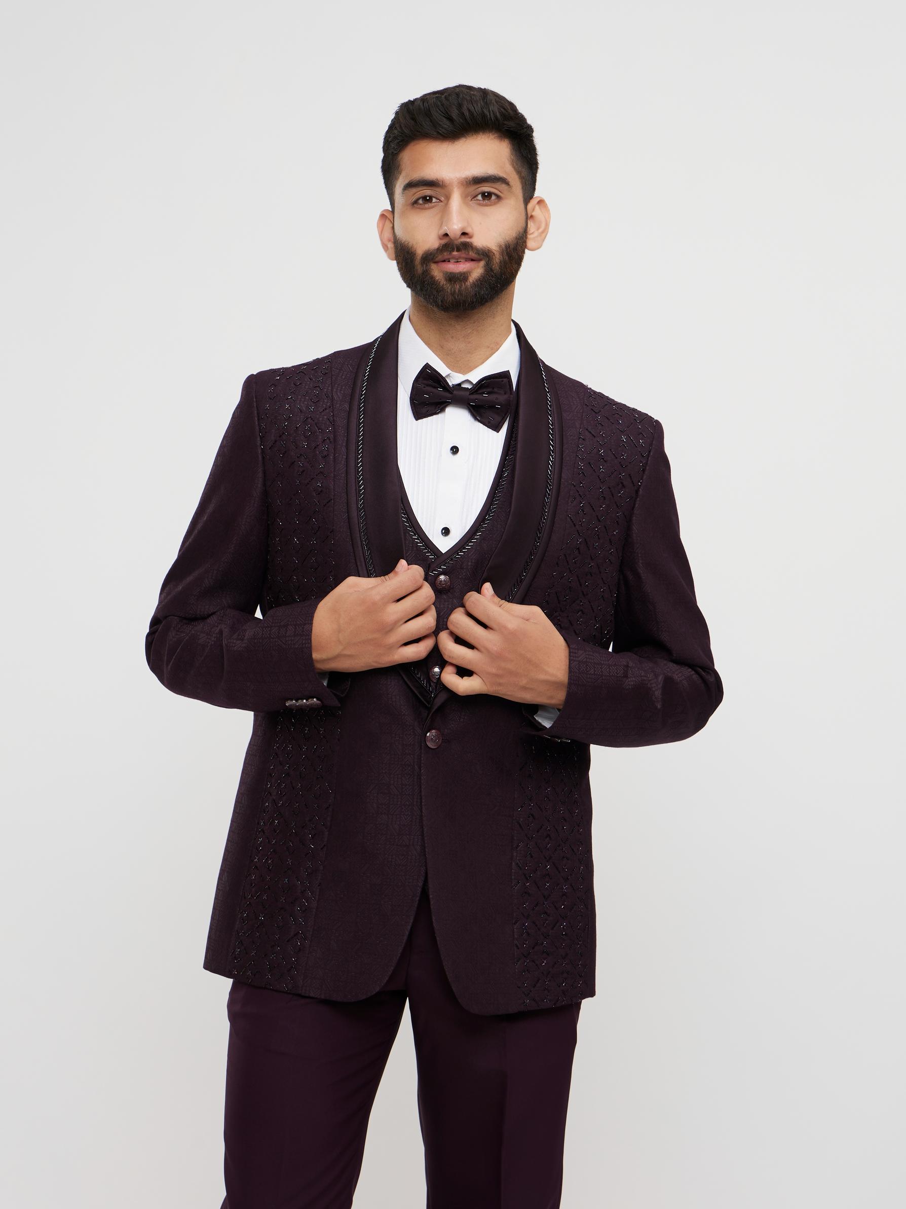 Twamev Men Royal Purple Jaal Patterned Suit Set with Sequin Work