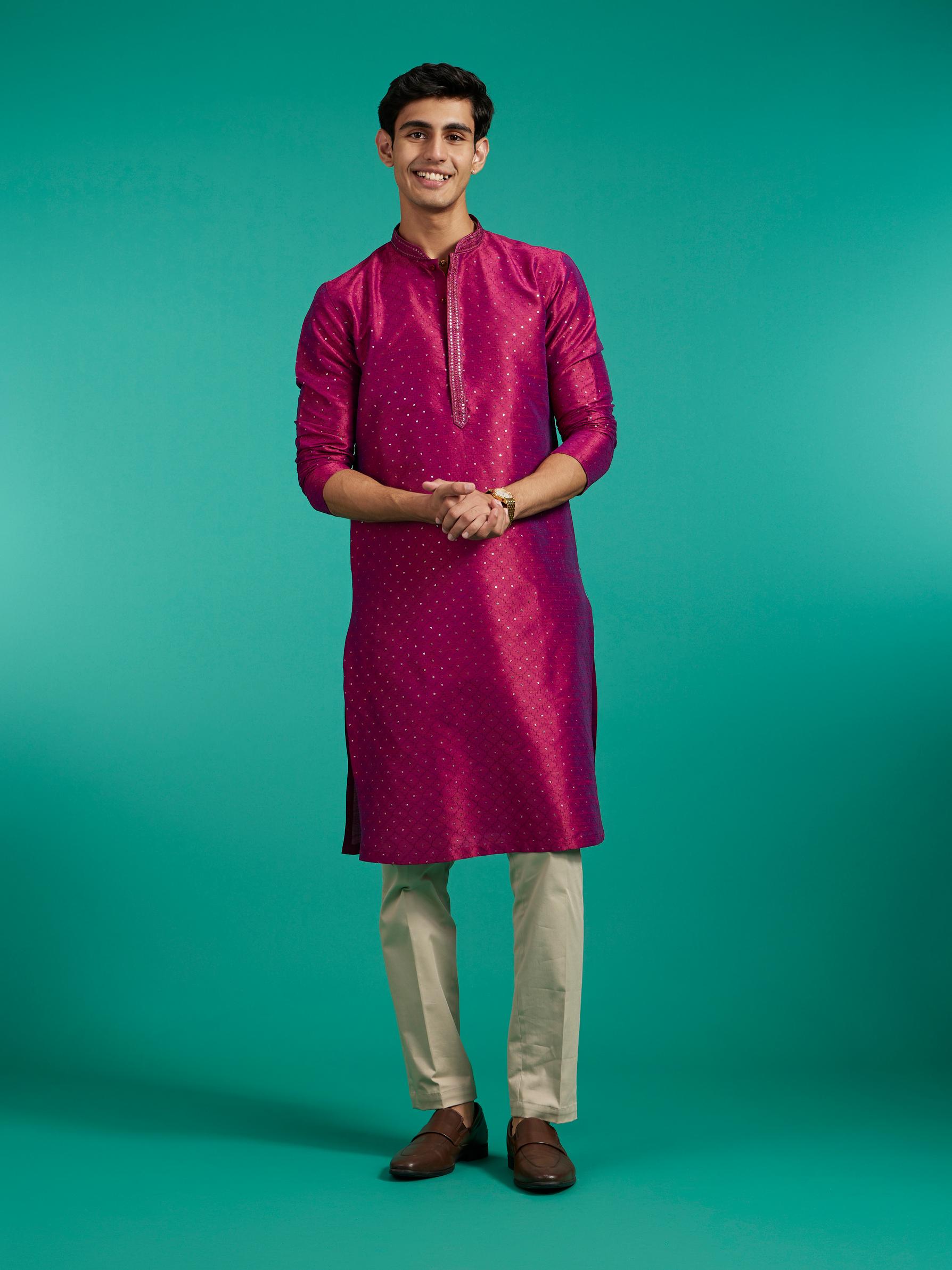 Diwas Men Rani Pink Grid Patterned Kurta with Sequin Work