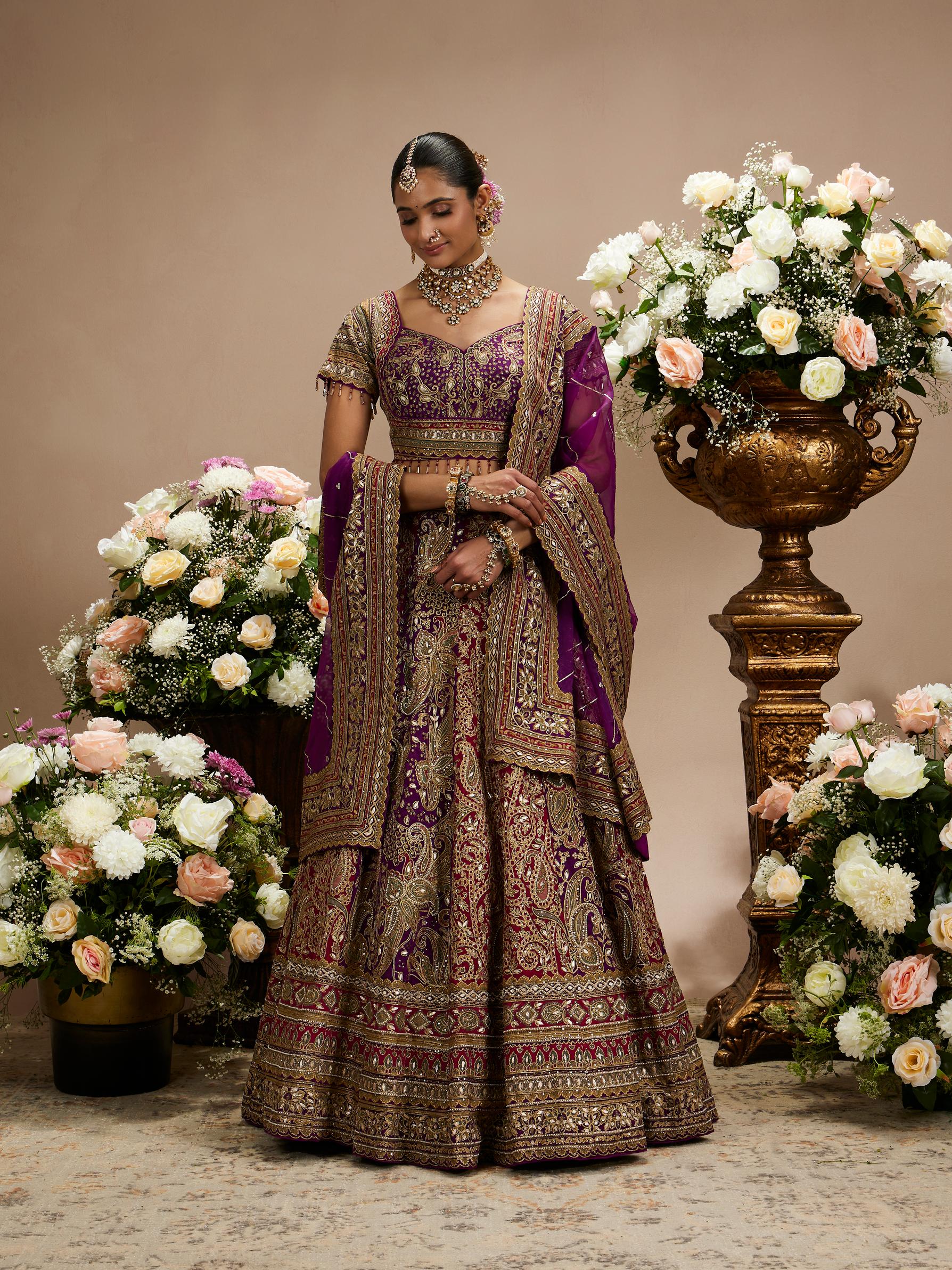 Twamev Women Royal Purple And Cherry Red Embroidered Lehenga with Paisley