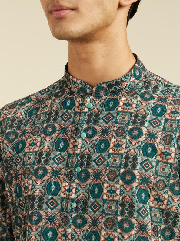 Diwas Men Bottle Green Aztec Printed Kurta