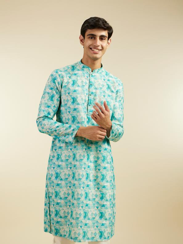 Diwas Men Aqua Green Harlequin Printed Kurta with Rhinestones