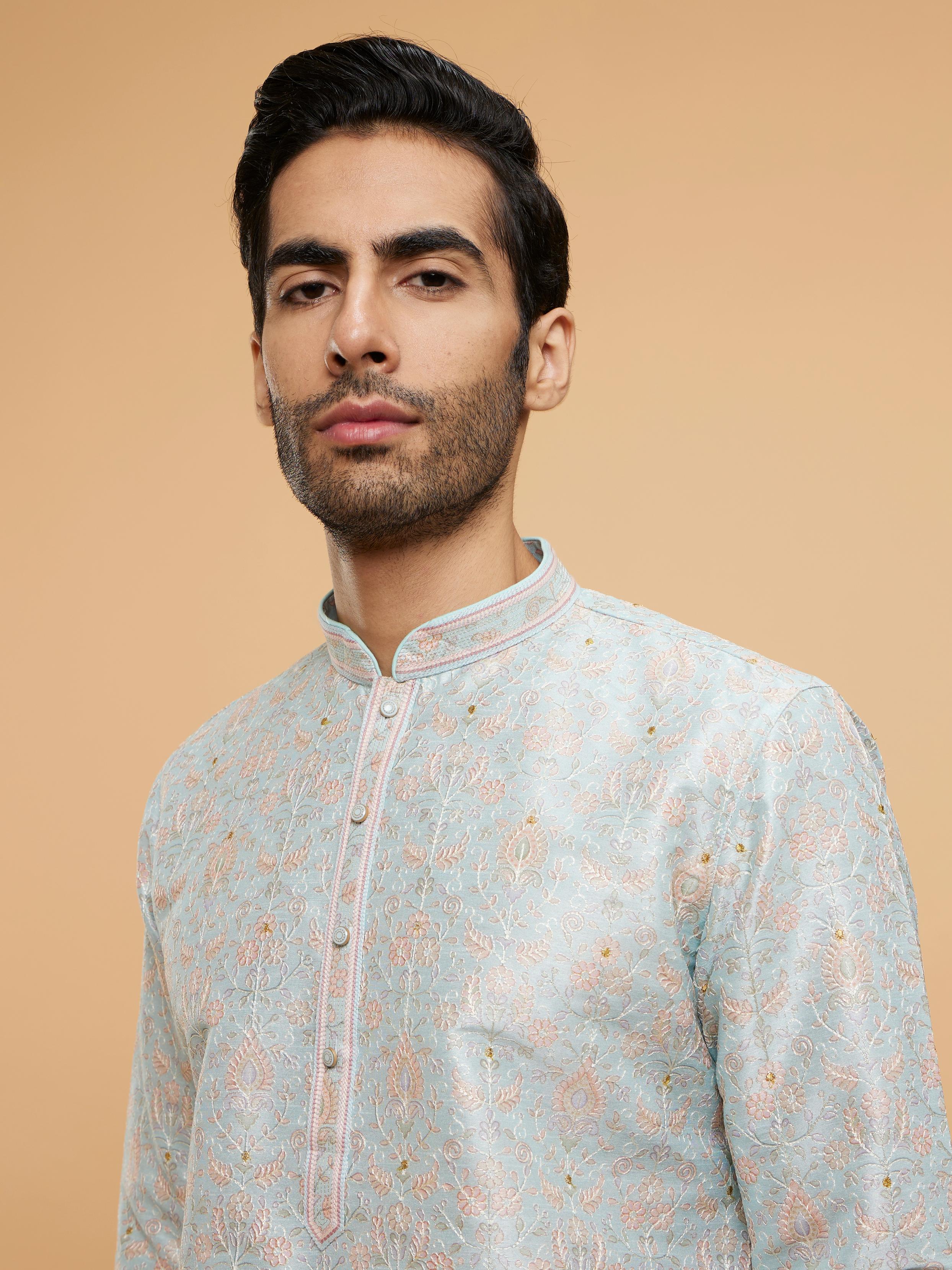Twamev Men Light Blue Sheen Kurta Pajama