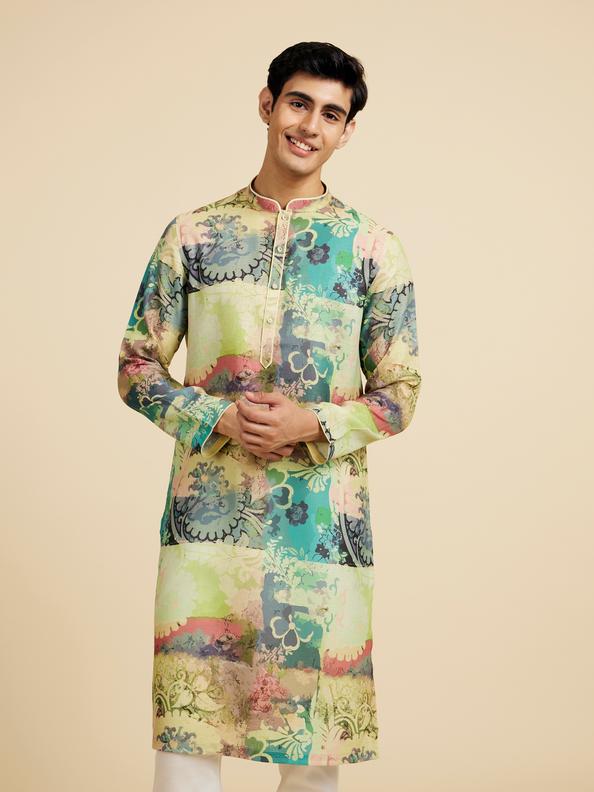 Diwas Men Soft Green Botanical Printed Kurta