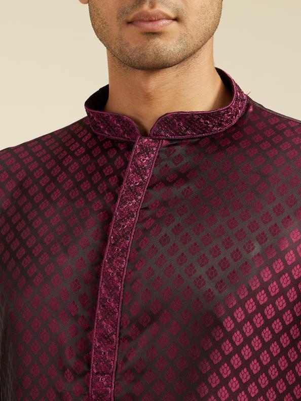 Diwas Men Wine Red Buta Jaal Patterned Kurta with Embroidered Neckline