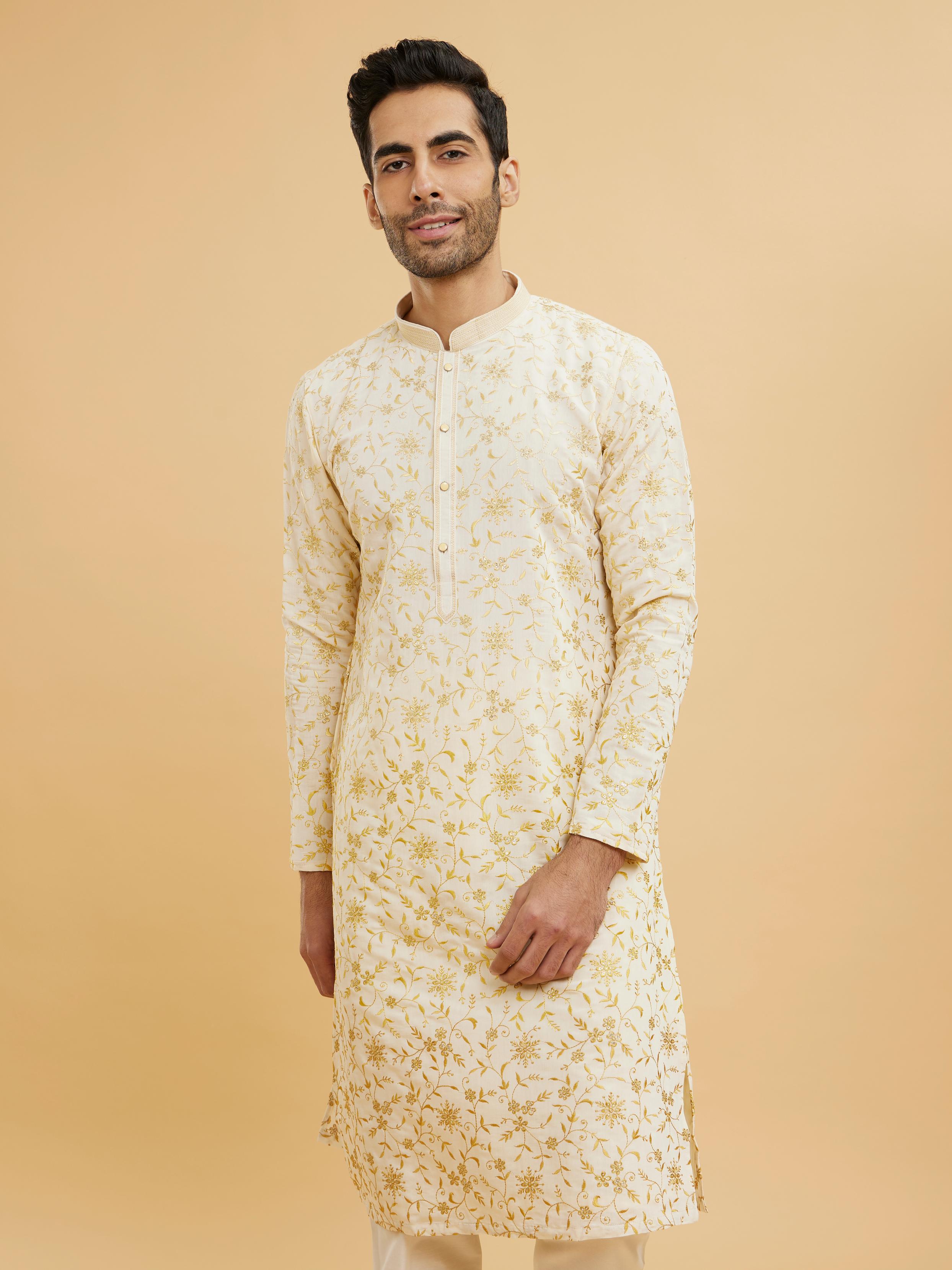 Twamev Men Yellow And Cream Bel Buti Patterned Kurta Set with Rhinestones