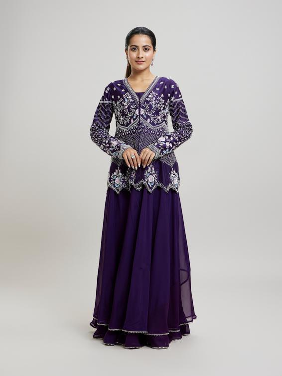 Twamev Women Elegant Purple Stitched Suit