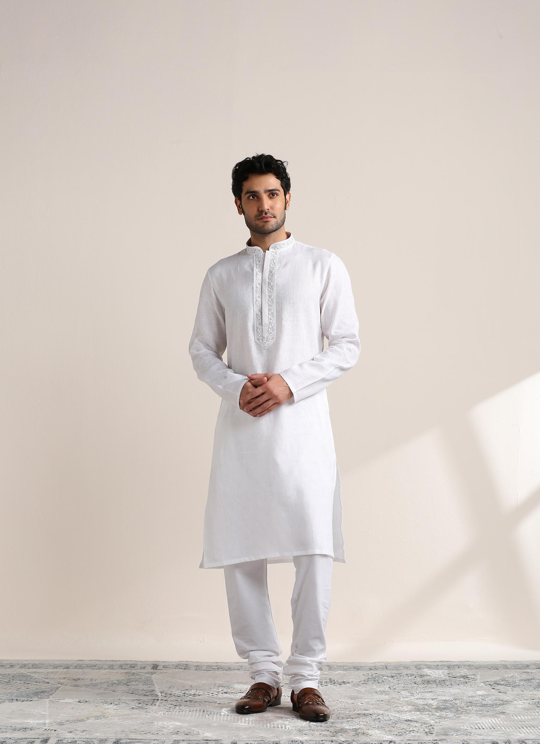 Twamev Men Soft Cream Embroidered Neck Kurta Set