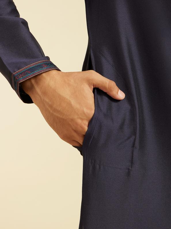 Diwas Men Navy Blue Plain Kurta with Embroidered Placket