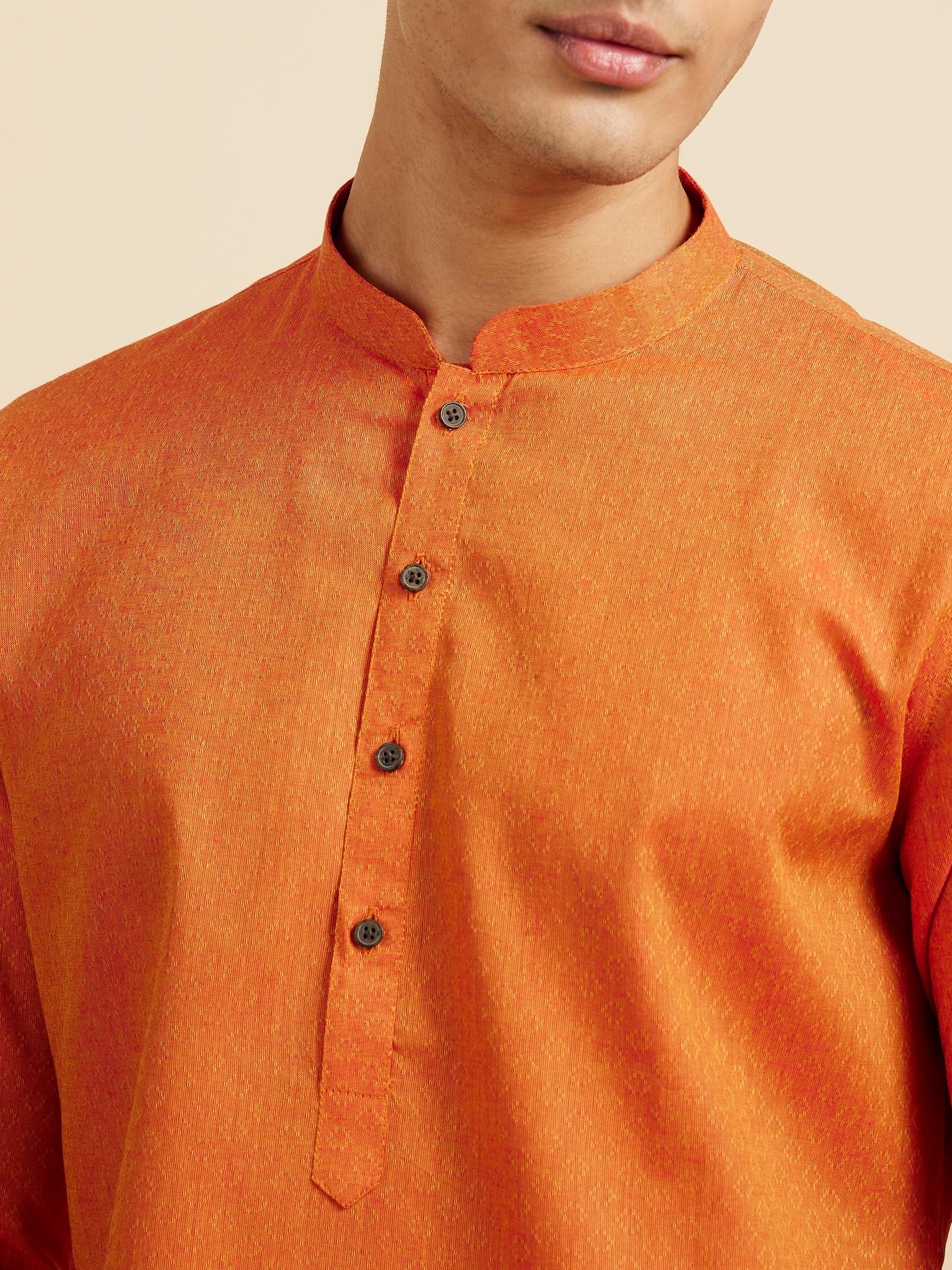 Diwas Men Pumpkin Orange Lattice Patterned Kurta