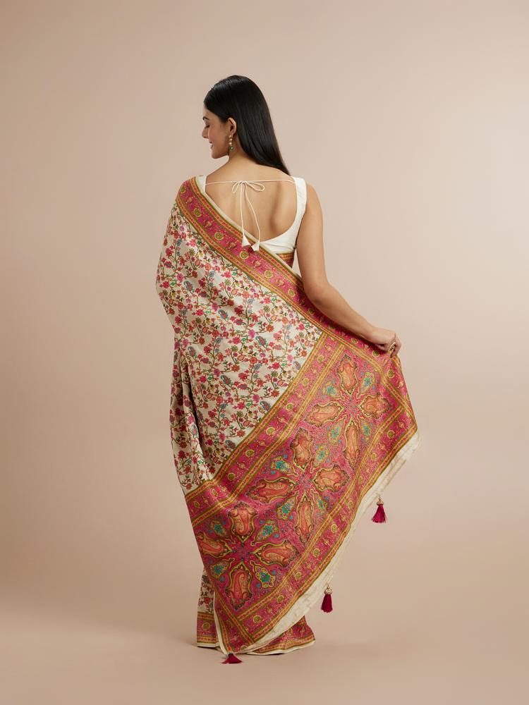 Twamev Women Enchanting Cream Saree with Unstitched Blouse