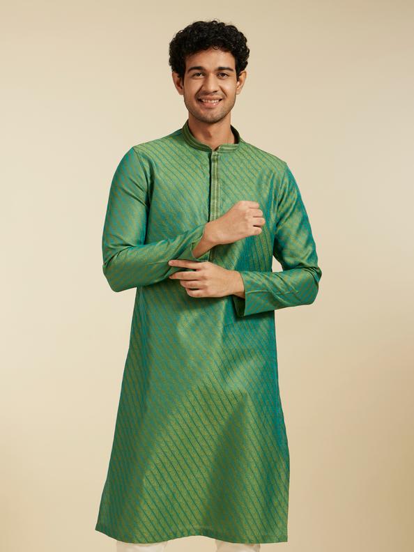 Diwas Men Soft Green Self Striped Bel Printed Kurta