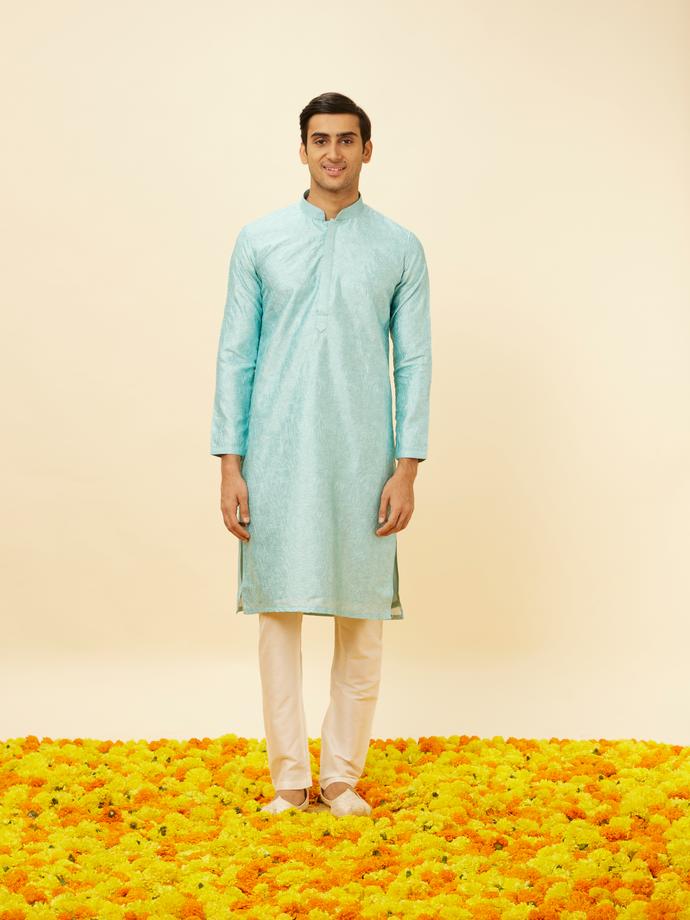Twamev Men Icy Blue Bel Buti Printed Kurta Set
