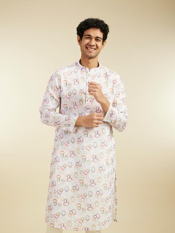 Diwas Men Pearl White Abstract Circles in Watercolour Effect Kurta
