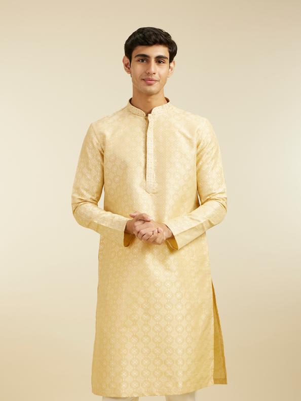 Diwas Men Sand Beige Grid Patterned Kurta with Embroidered Neckline