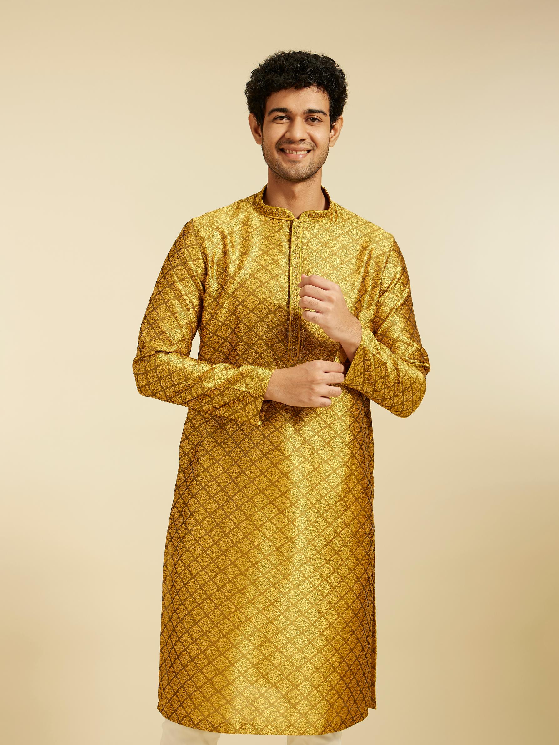 Diwas Men Mustard Yellow Jaal Patterned Kurta