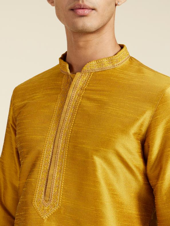 Diwas Men Mustard Yellow Self Textured Kurta with Embroidered Neckline