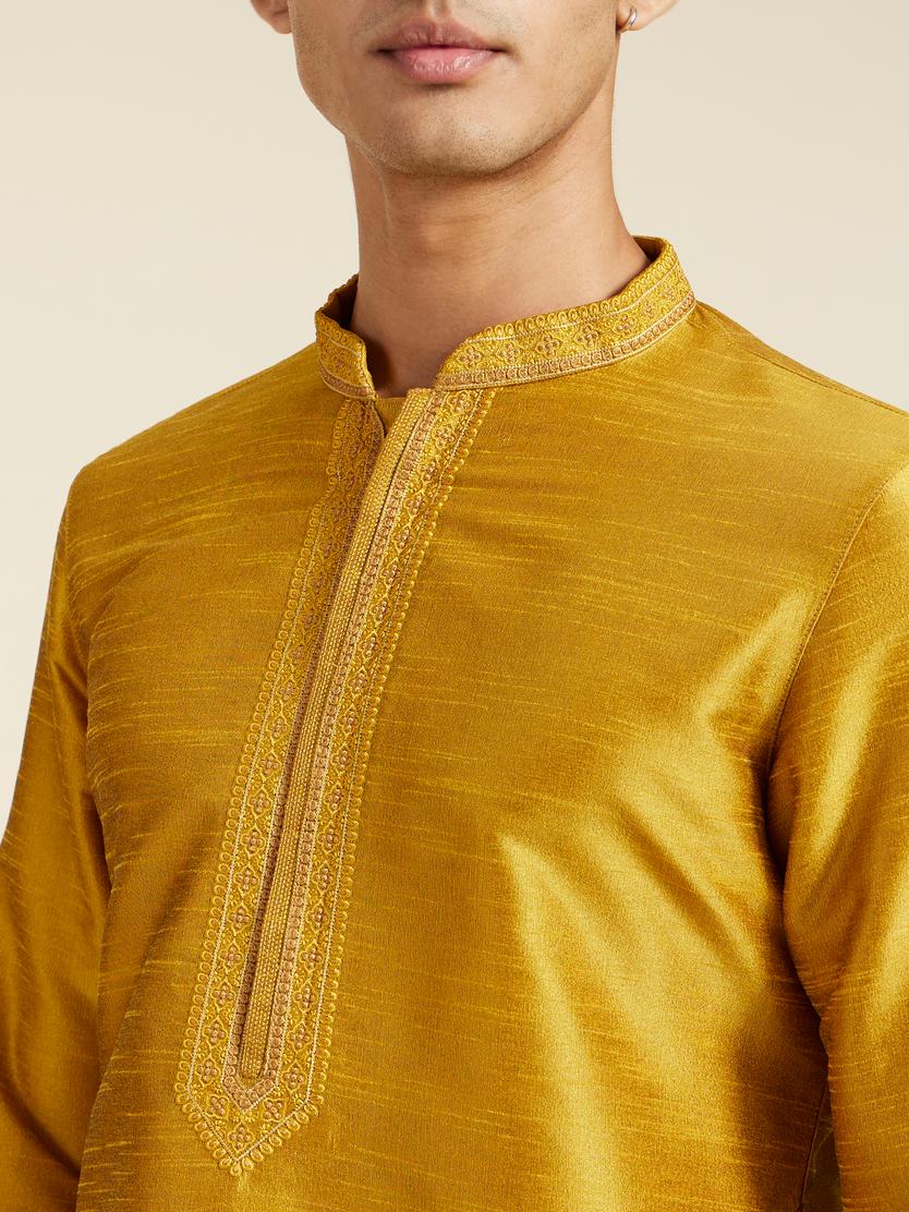 Diwas Men Mustard Yellow Self Textured Kurta with Embroidered Neckline