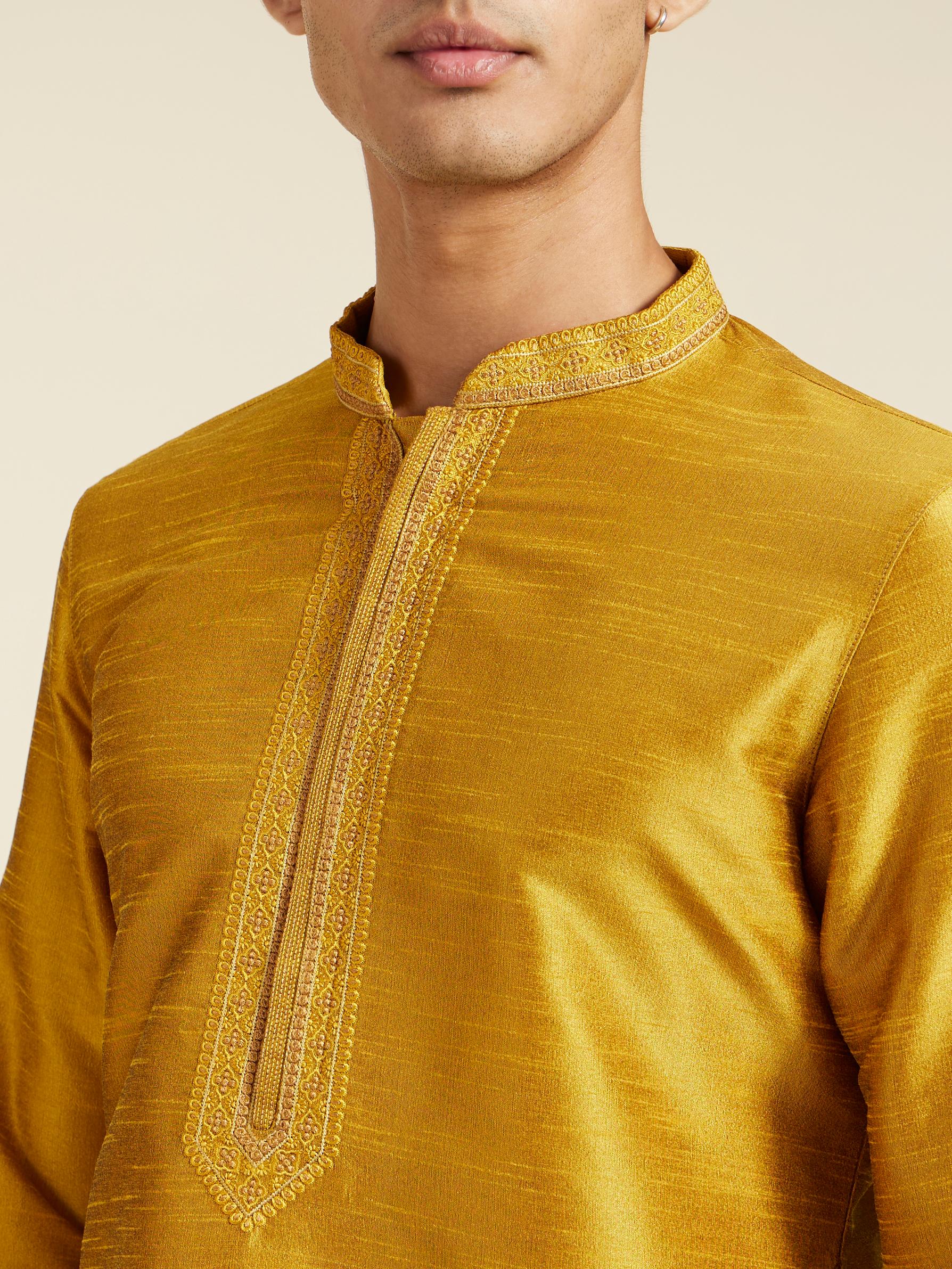 Diwas Men Mustard Yellow Self Textured Kurta with Embroidered Neckline
