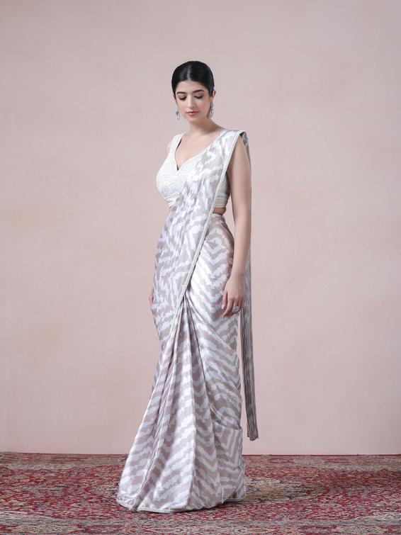 Twamev Women Beige White Satin Saree Splendor