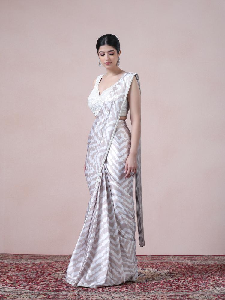 Twamev Women Beige White Satin Saree Splendor