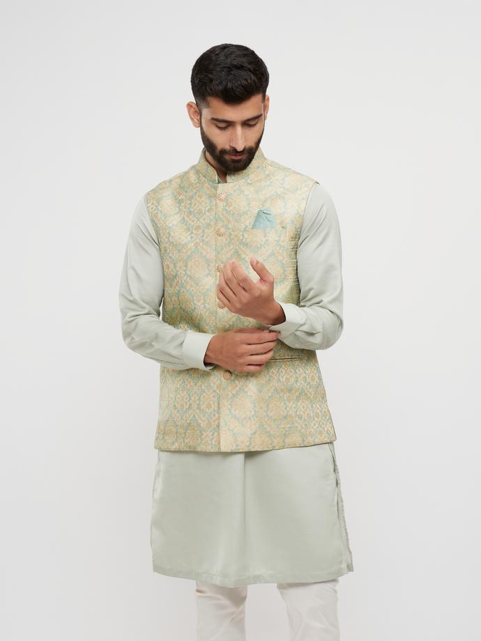 Twamev Men Soft Green Medallion Jaal Patterned Jacket Set