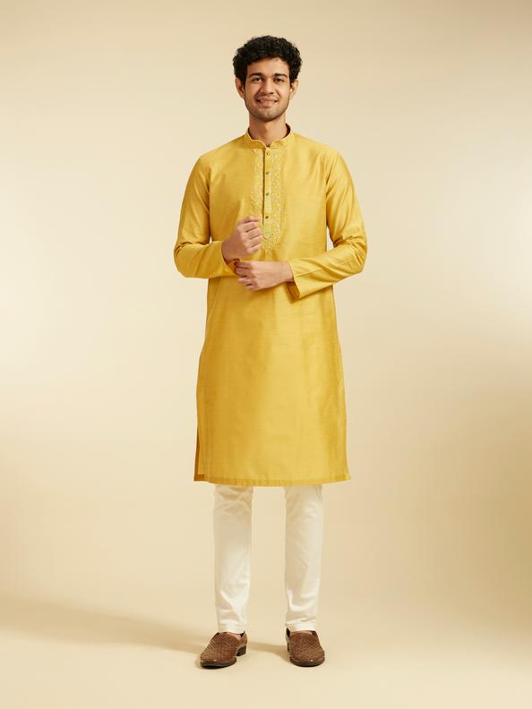 Diwas Men Mustard Yellow Plain Classic Kurta with Embroidered Neckline