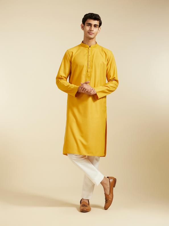 Diwas Men Mustard Yellow Plain Classic Kurta with Embroidered Neckline