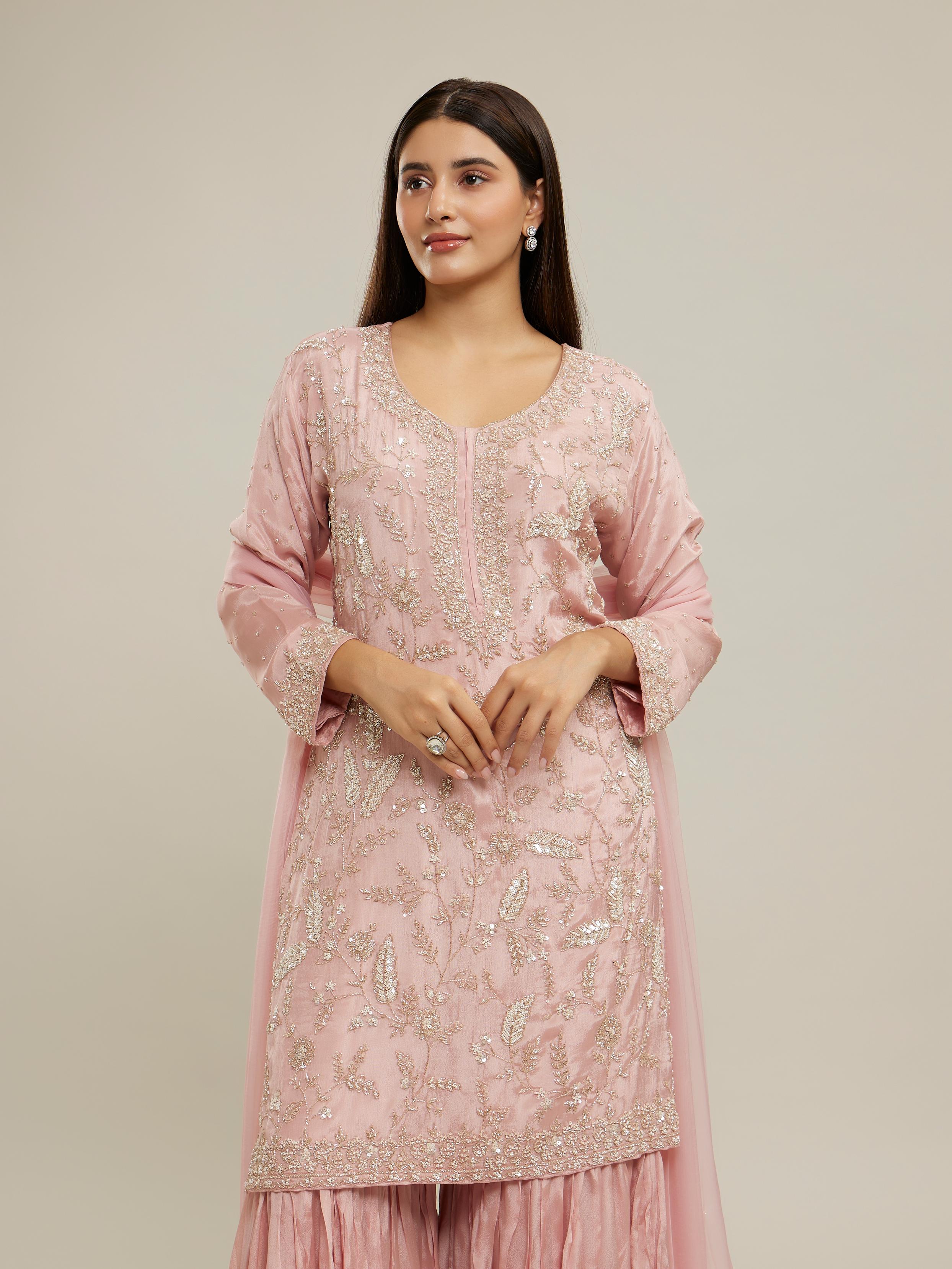 Twamev Women Glowing Pink Sharara Set Stitched Suit