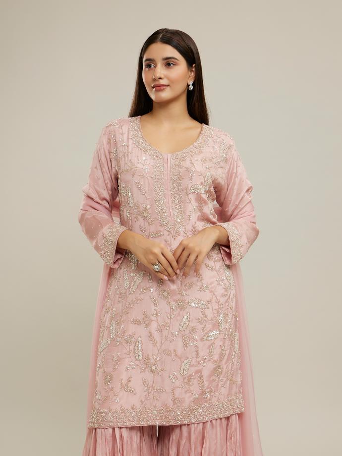 Twamev Women Glowing Pink Sharara Set Stitched Suit