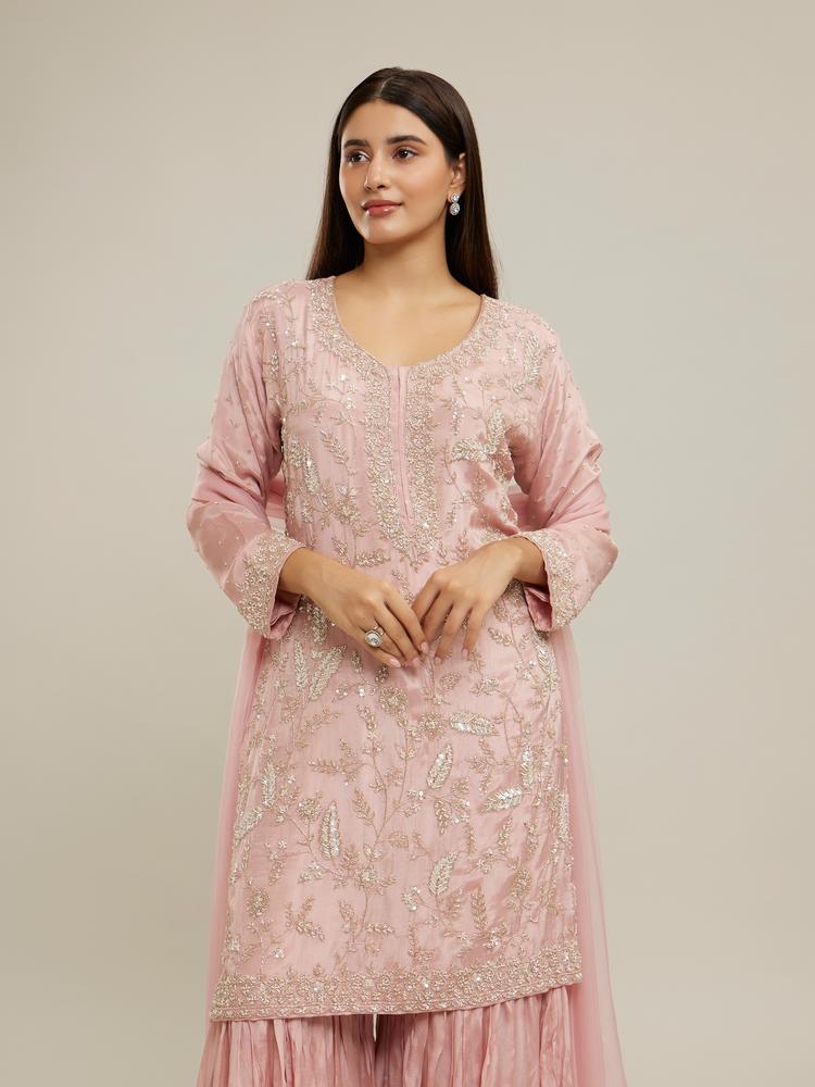 Twamev Women Glowing Pink Sharara Set Stitched Suit