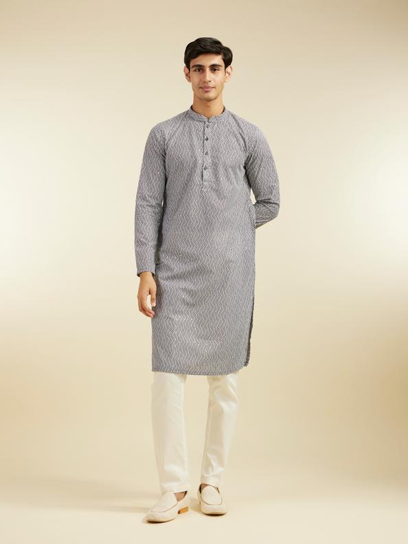 Diwas Men Battleship Grey Diamond Patterned Kurta with Rhinestones