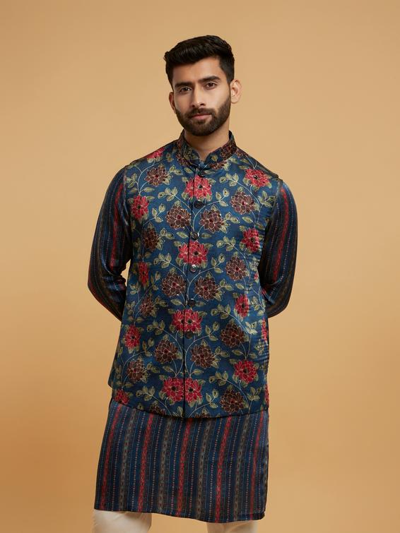Twamev Men Teal Blue Kurta Jacket Set