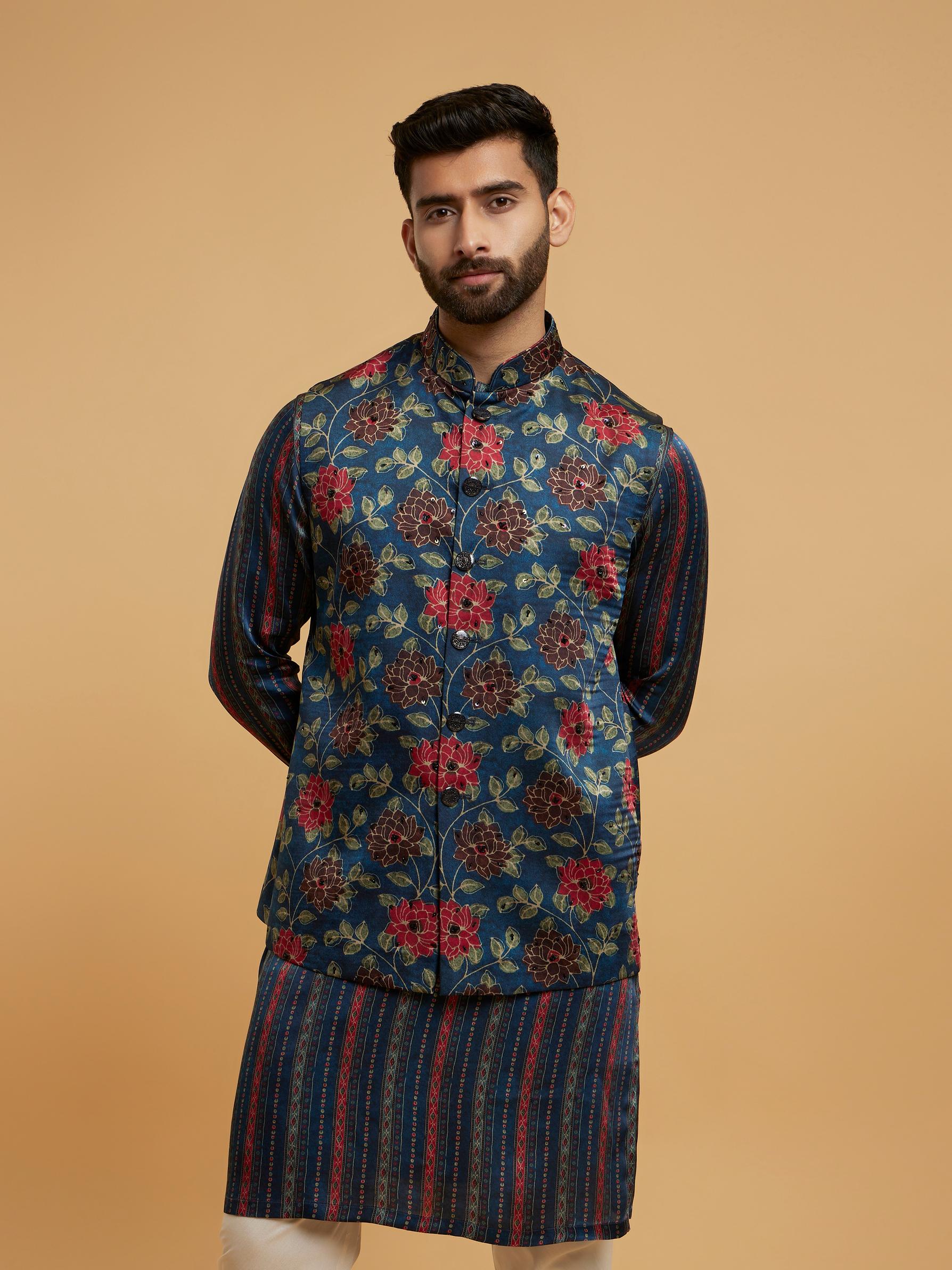 Twamev Men Teal Blue Kurta Jacket Set