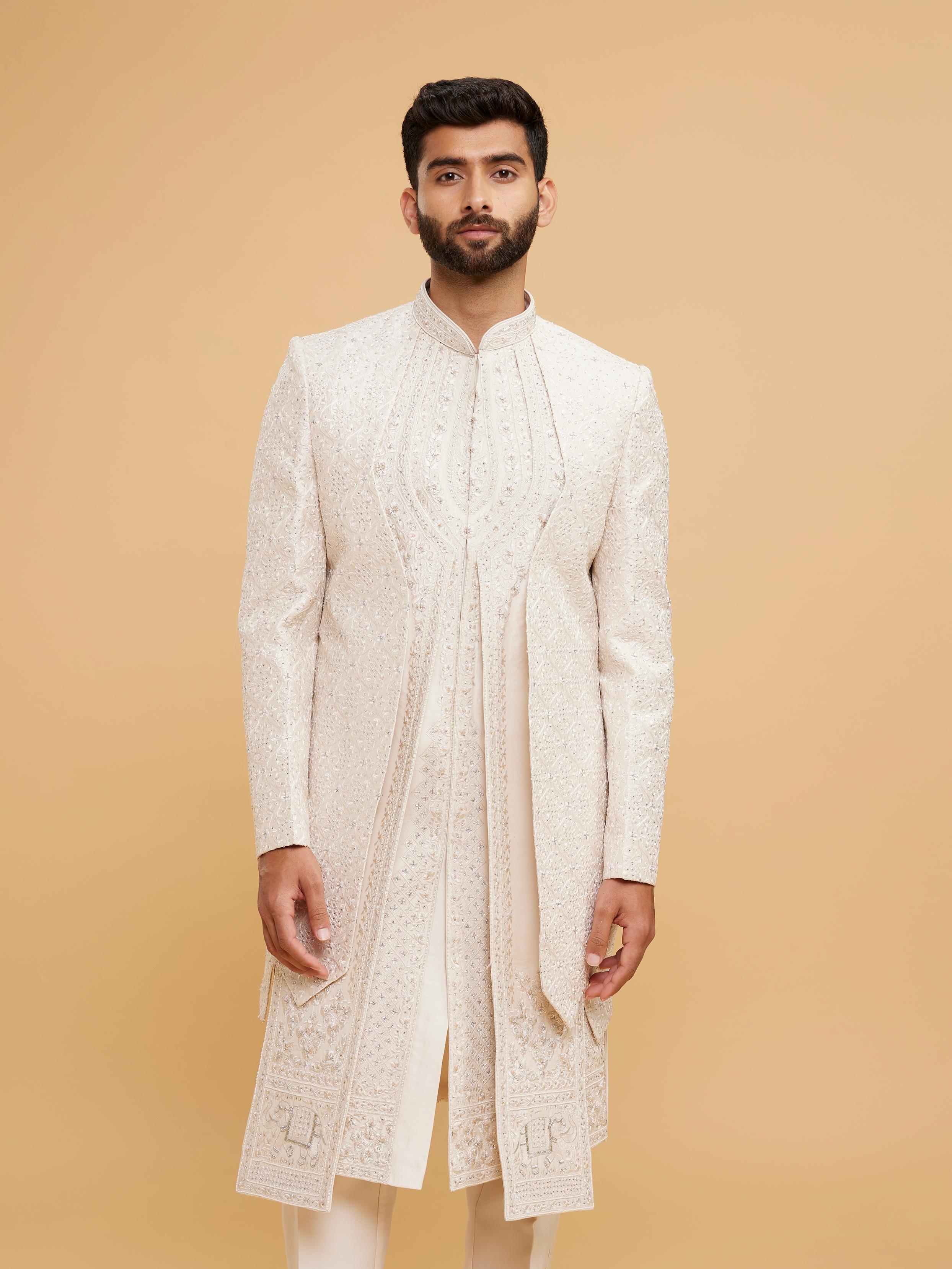 Twamev Men Elegant Cream Art Silk Sherwani Set