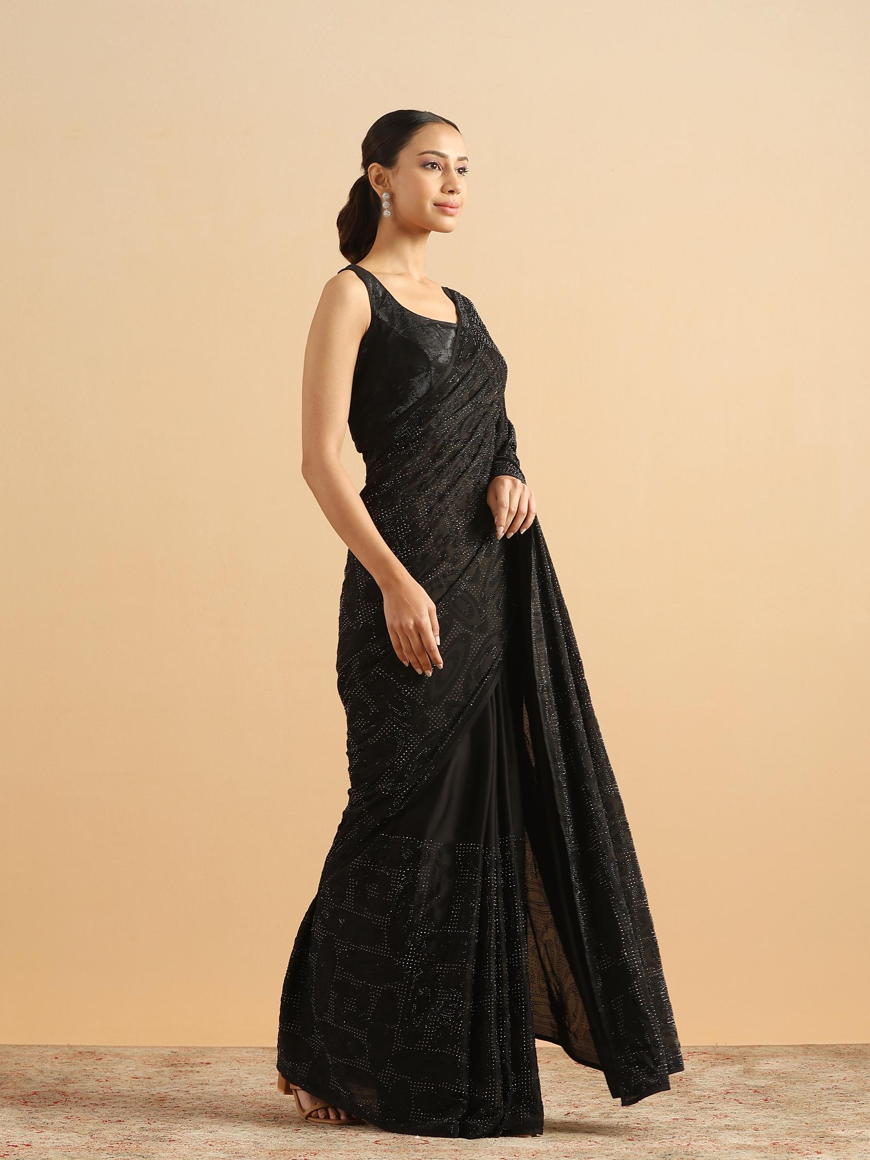 Twamev Women Midnight Glamour Black Satin Saree