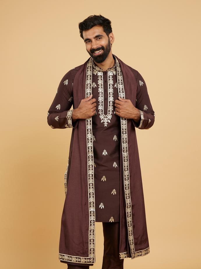 Twamev Men Rich Brown Ensemble Kurta Set with Dupatta
