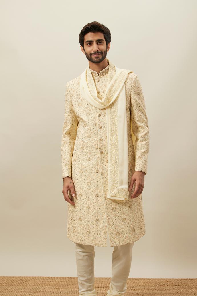Twamev Men Beige Embroidered Sherwani Set