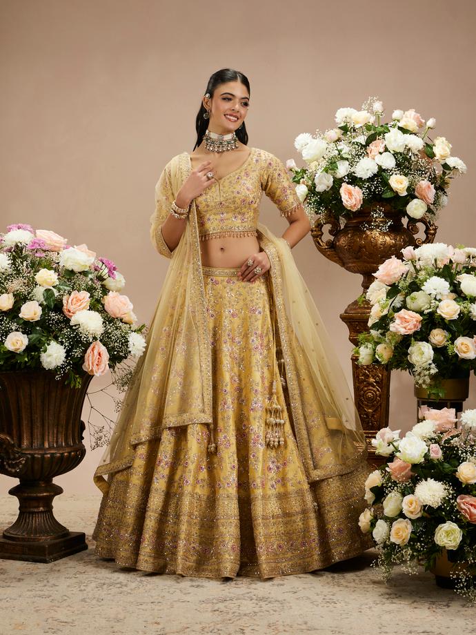 Twamev Women Gold Beige Bel Buti Embroidered Lehenga with Intricate Borders, Sequin And Stone Work