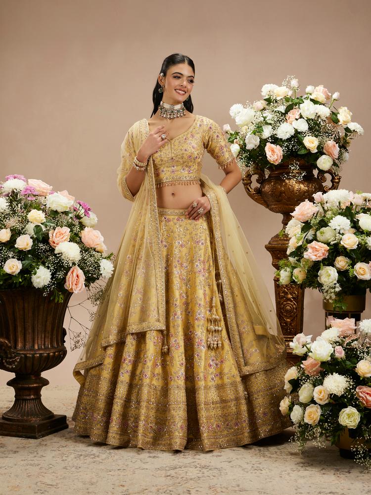 Twamev Women Gold Beige Bel Buti Embroidered Lehenga with Intricate Borders, Sequin And Stone Work