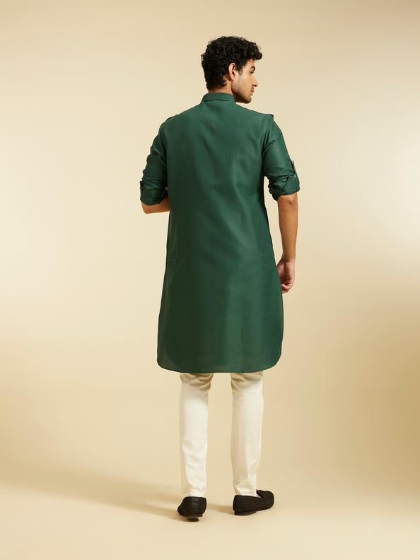 Diwas Men Bottle Green Paithani Style Kurta with Cuffed Sleeves