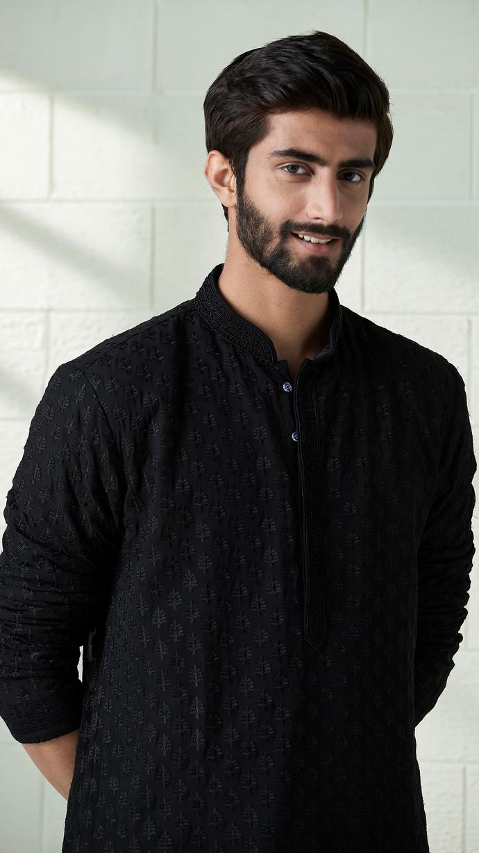 Twamev Men Onyx Black Allover Embroidered Kurta Set